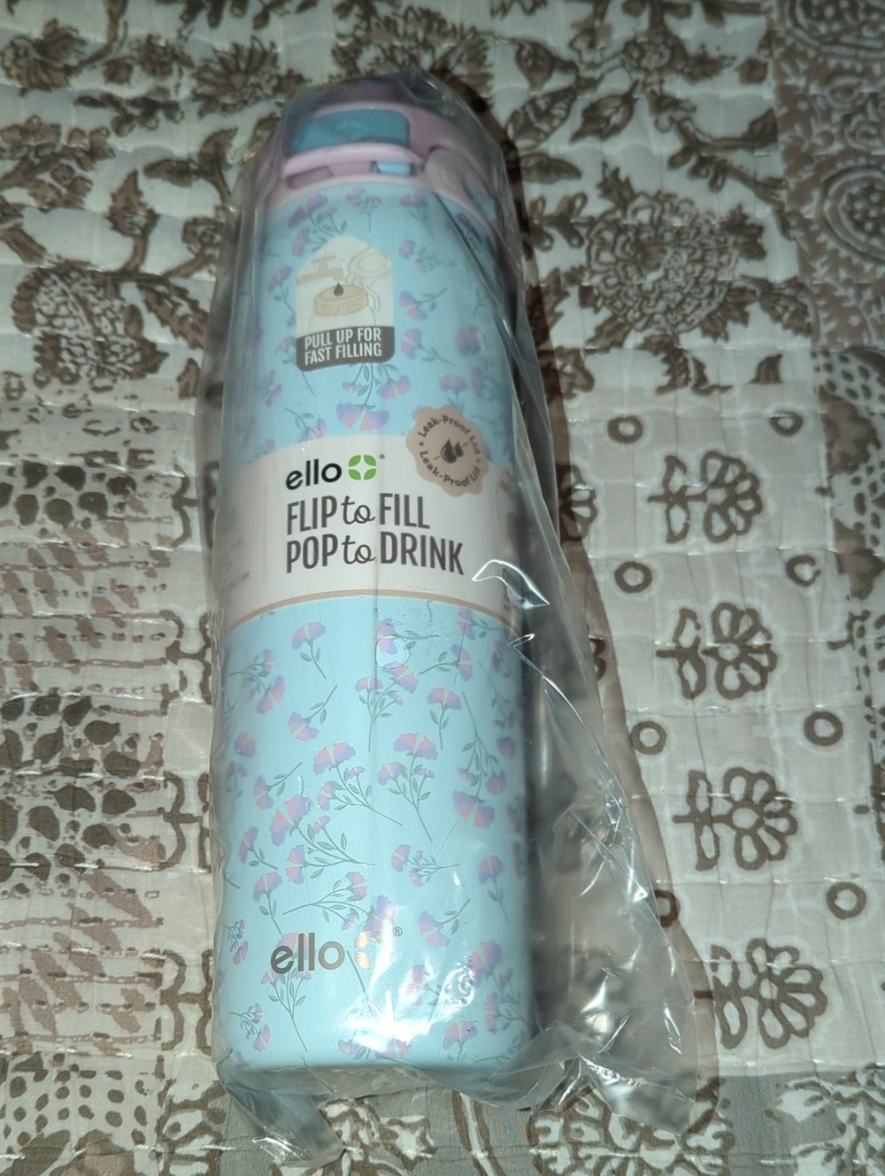ello Floral Flip-to-Fill Water Bottle - Light Blue/Pink